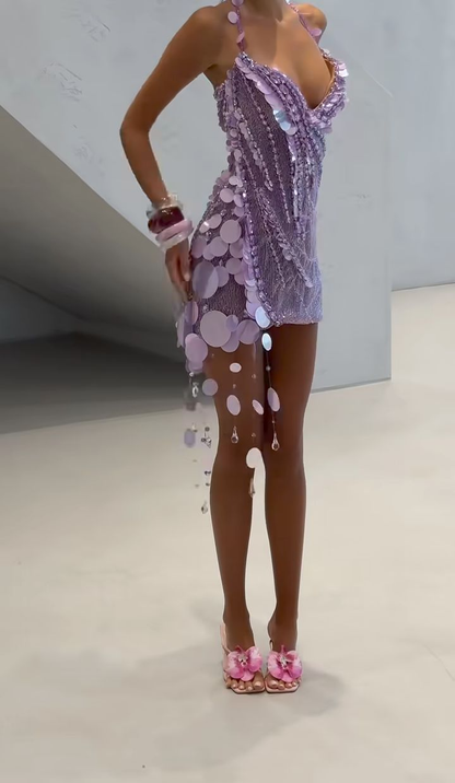 Gorgeous Purple Halter Sequin Sheath Short Homecoming Dress Cocktail Dress D4683