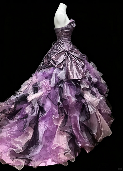 Charming Strapless Purple Satin Tulle Pleated Quinceanera Dress Sweet 16 Dress D5234