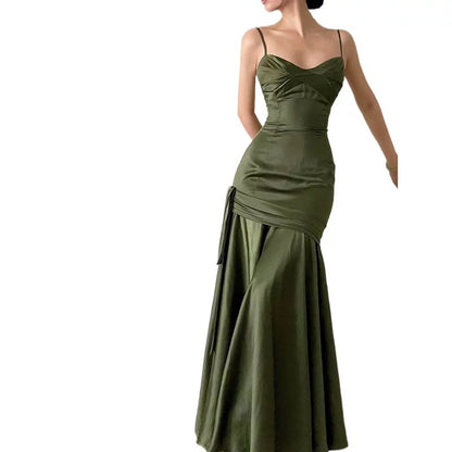 Simple Sheath Spaghetti Straps Floor Length Olive Green Long Party Dresses Birthday Outfits SD433