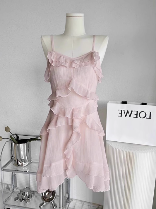 Sexy A Line Straps Ruffled Chiffon Pink Short Women's Holiday Dresses SD210