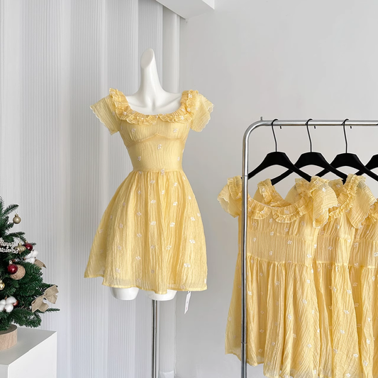 Cute A line Scoop Short Sleeves Yellow Floral Holiday Dresses Beach Dress Birthday Outfits SD288