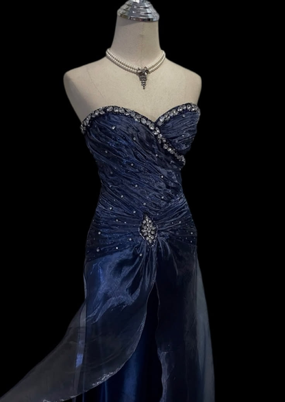 Vintage Sweetheart Neck Satin Pleated Beaded Mermaid Evening Dress Navy Blue Long Birthday Party Dress D4729