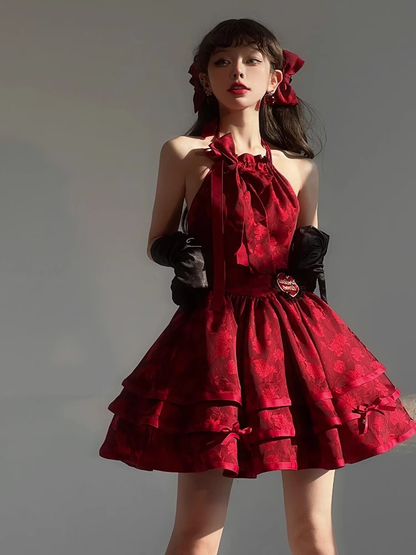 Cute Ball Gown Halter Burgundy Lace Short Cocktail Dresses Birthday Outfits SD576