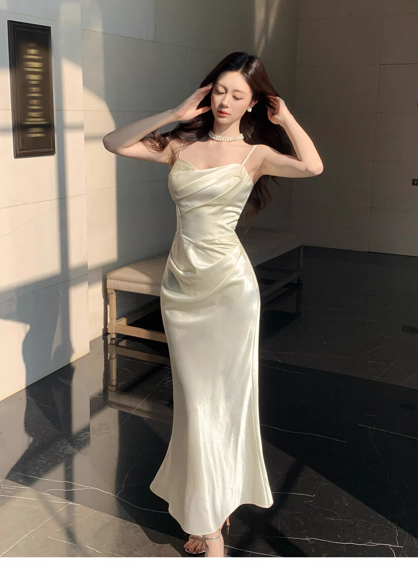 Classy Spaghetti Straps White Satin Pleated Mermaid Long Evening Dress Formal Wedding Guest Dress D2184