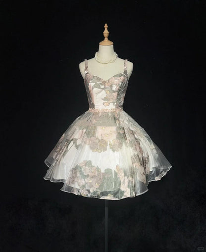 Charming Spaghetti Straps Tulle Floral A Line Short Graduation Homecoming Dress,Short Prom Dress D3381