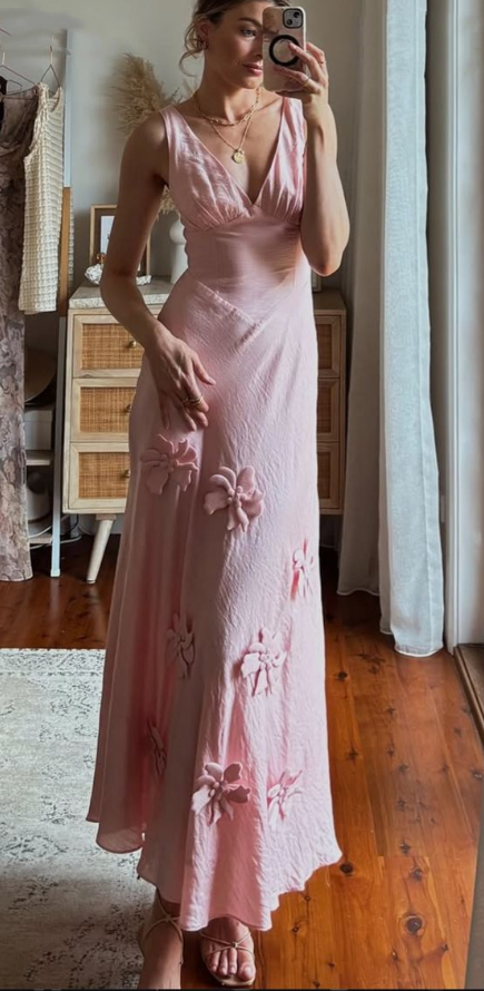 Classy Pink V Neck Satin 3D Floral A Line Long Party Dress Evening Dresses D5114