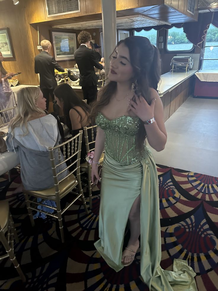 Charming Satin Beaded Appliques Mermaid Party Dress Sage Green Slit Long Prom Gown D5002
