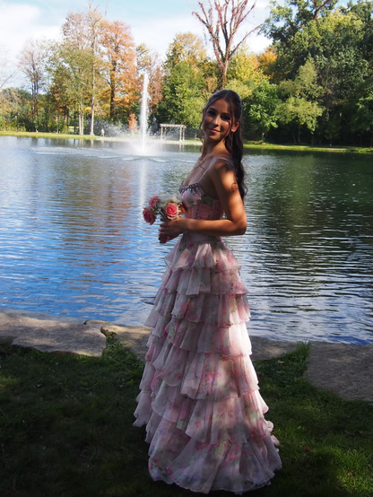 Charming Chiffon Print Floral Ruffles Layered Long Party Dress Pink Slit Long Evening Gowns With Beads D5040