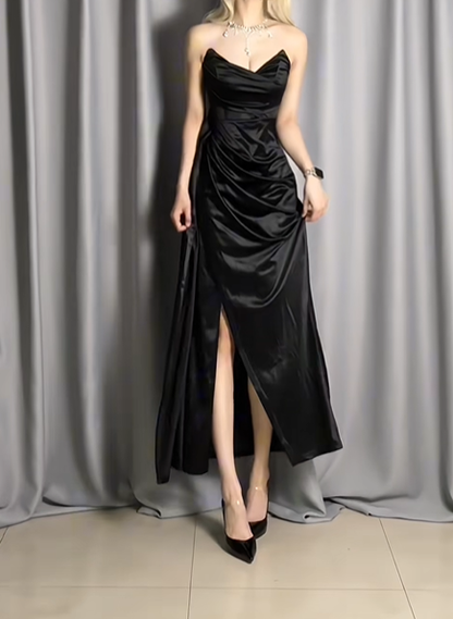 Sexy V Neck Black Strapless Satin Pleated Slit Mermaid Long Evening Dresses Prom Dress D2493