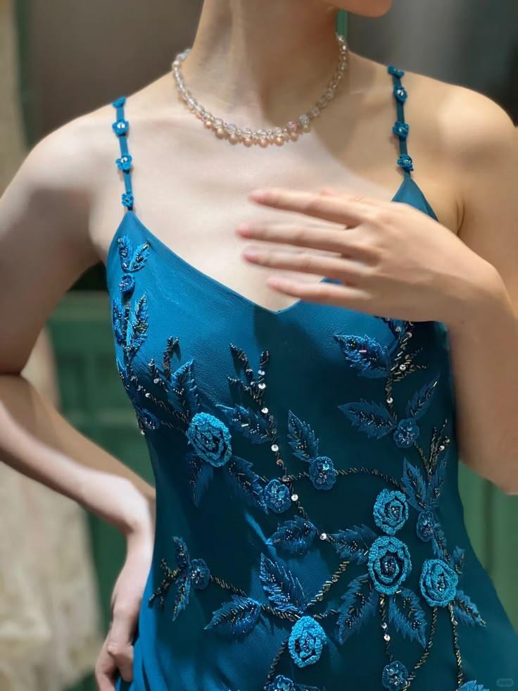 Vintage Peacock Blue Chiffon Beaded Floral Long Party Dress,Spaghetti Straps Mermaid Evening Gown D3478