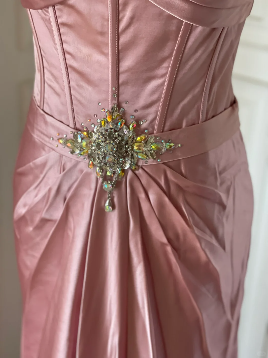 Fashion Strapless Satin Pleated Beaded Mermaid Party Gown,Pink Long Evening Dress D3109