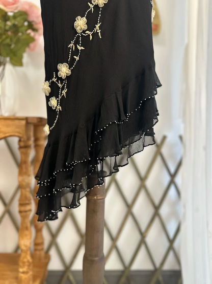 Classy Black Chiffon Beaded Appliques Long Party Gown Formal Evening Dress D560