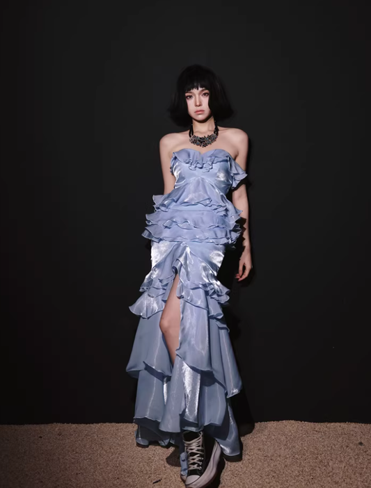 Glamorous Strapless Blue Satin Ruffles Layered mermaid Slit Evening Dress Long Party Dress D2431