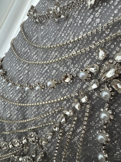 Charming Haze Blue Strapless Tulle Sequin Beaded Mermaid Long Prom Dress Evening Gown D4720