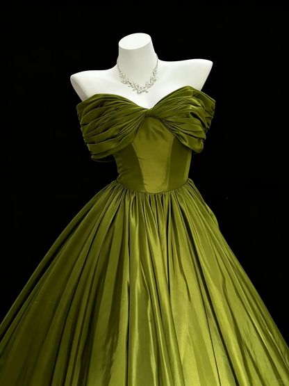 Classy Off The Shoulder Satin Long Evening Dress Olive Green Birthday Party Dress D5287