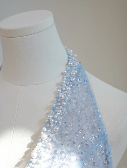 Fairy Halter V Neck Sky Blue Tulle Sequin Beaded A Line Long Prom Dress Party Gown D2146