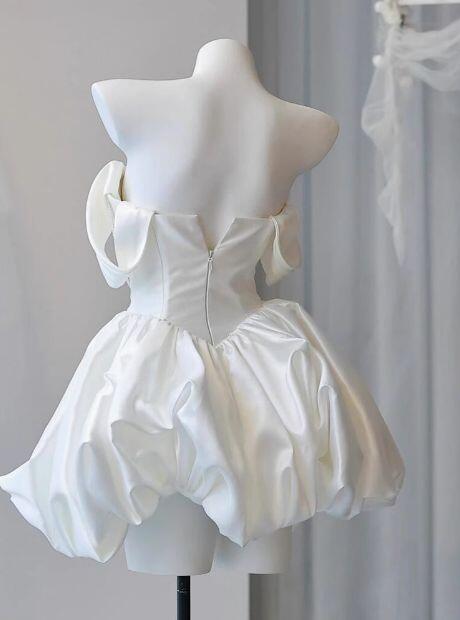 Elegant Off The Shoulder A Line Mini Birthday Dress,White Beaded Satin Pleated Short Homecoming Dress D3008