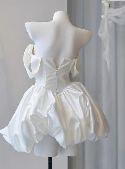 Elegant Off The Shoulder A Line Mini Birthday Dress,White Beaded Satin Pleated Short Homecoming Dress D3008