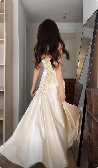 Glamorous Spaghetti Straps Light Champagne Satin A Line Party Dress Evening Dress D5322