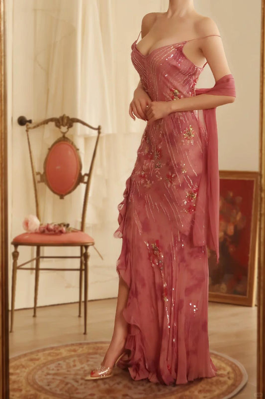 Pretty Pink Chiffon Ruffles Beaded Slit Mermaid Long Party Dress Evening Dress With Scarf D2788