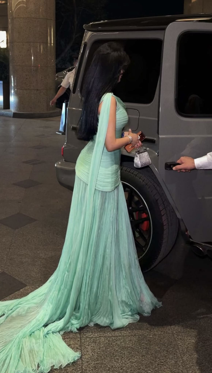 Elegant Sleeveless Green Chiffon Pleated Long Party Dress Formal Long wedding Guest Dress D4826
