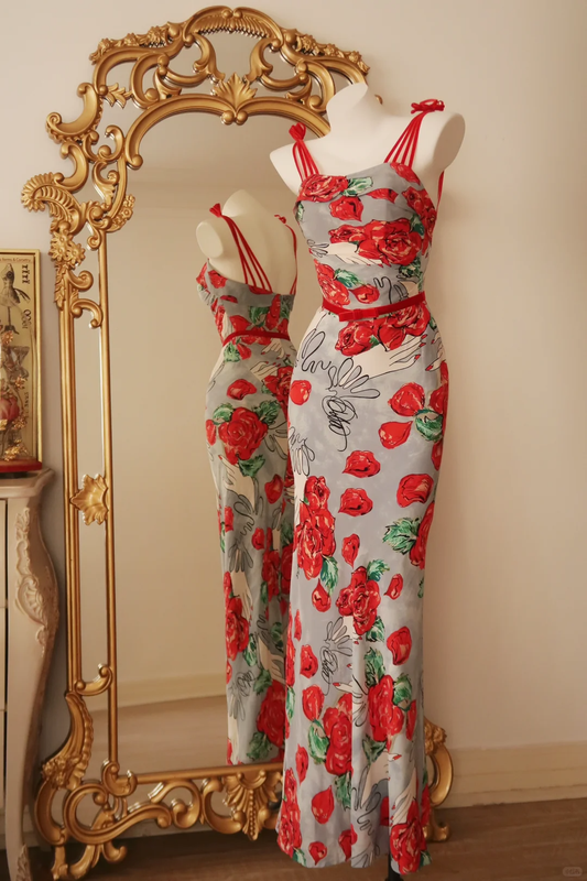 Beautiful Spaghetti Straps Chiffon Print Floral Mermaid Long Party Dress Prom Gown D2785
