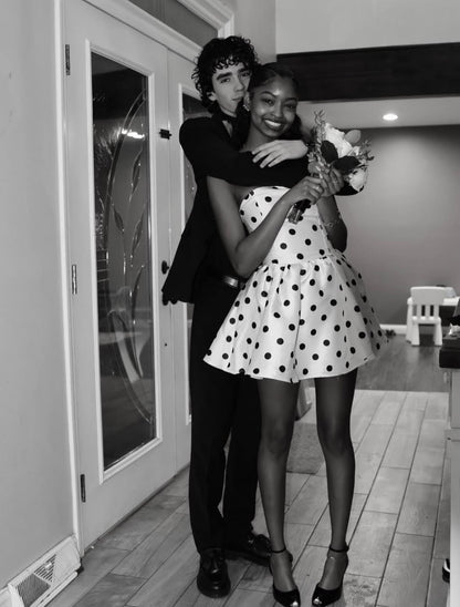 Cute Strapless Satin Polka Dot A Line Short Homecoming Dress,White Short Prom Dress D3759