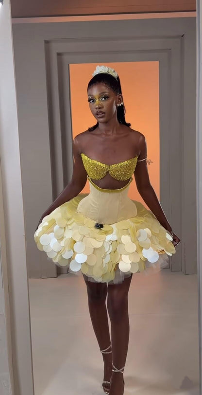 Stylish Yellow Sweetheart Neck Satin Sequin Short Homecoming Dress Cocktail Dress D4577