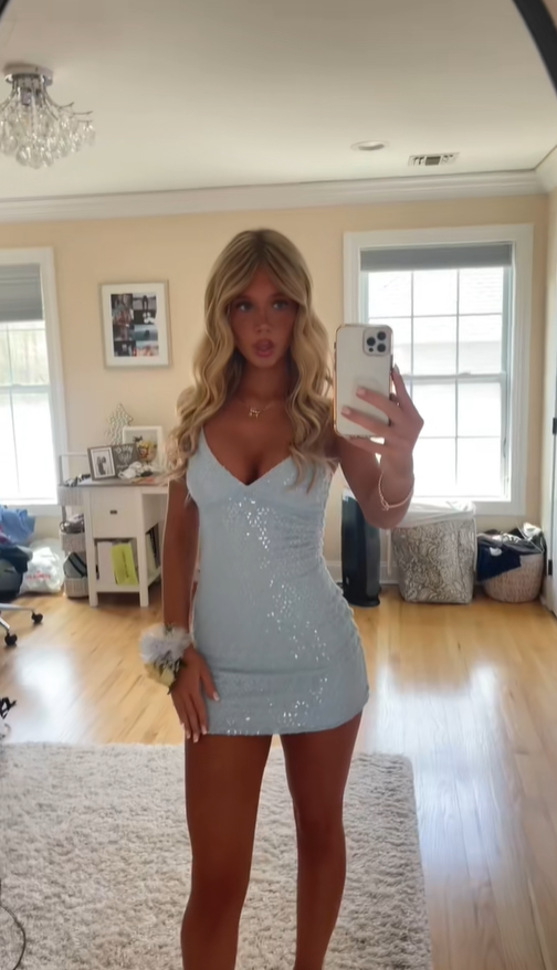Glitter Light Blue Sequin Sheath Short 8th Grade Homecoming Dress,Spaghetti Straps V Neck Mini Prom Gown D3336