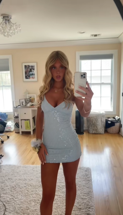 Glitter Light Blue Sequin Sheath Short 8th Grade Homecoming Dress,Spaghetti Straps V Neck Mini Prom Gown D3336