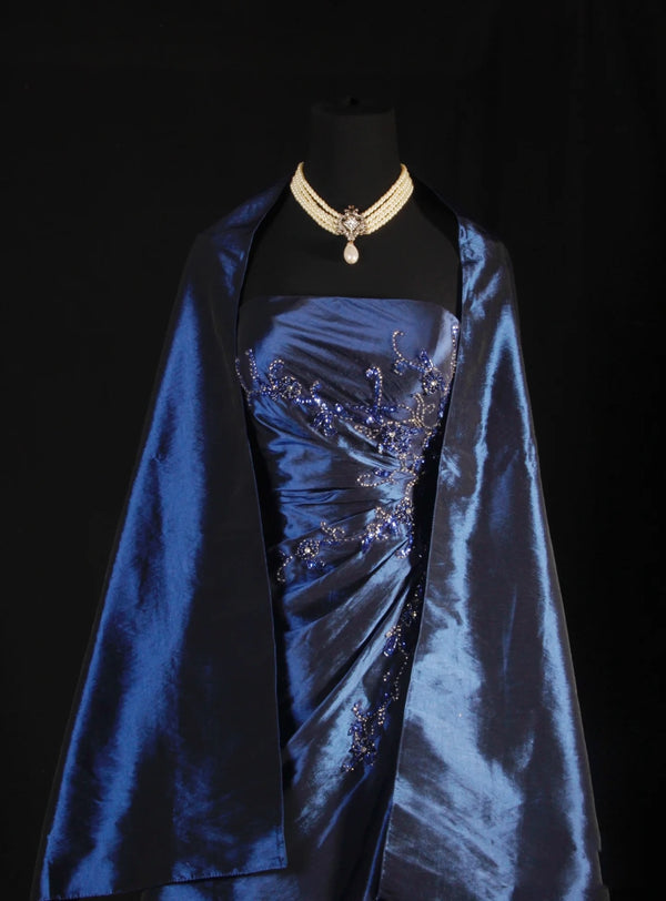 Vintage Silk Satin Beaded Backless Navy Blue Prom Dress Formal Gown main image 1