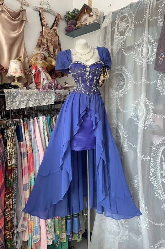Charming Blue Satin Chiffon Beaded Long Party Dress Prom Gowns D3206