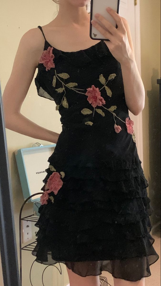 Elegant Spaghetti Straps Chiffon Floral Short Party Dress,Black Short Graduation Homecoming Dress D3784
