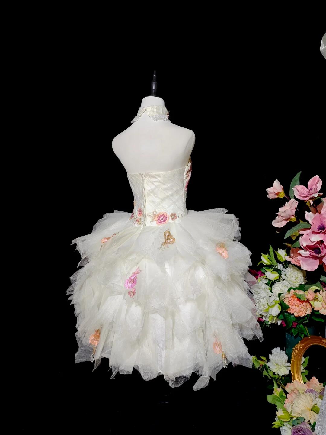 Pretty Strapless White Satin Tulle Embroidery Floral A Line Short Birthday Outfits Homecoming Dress D3154