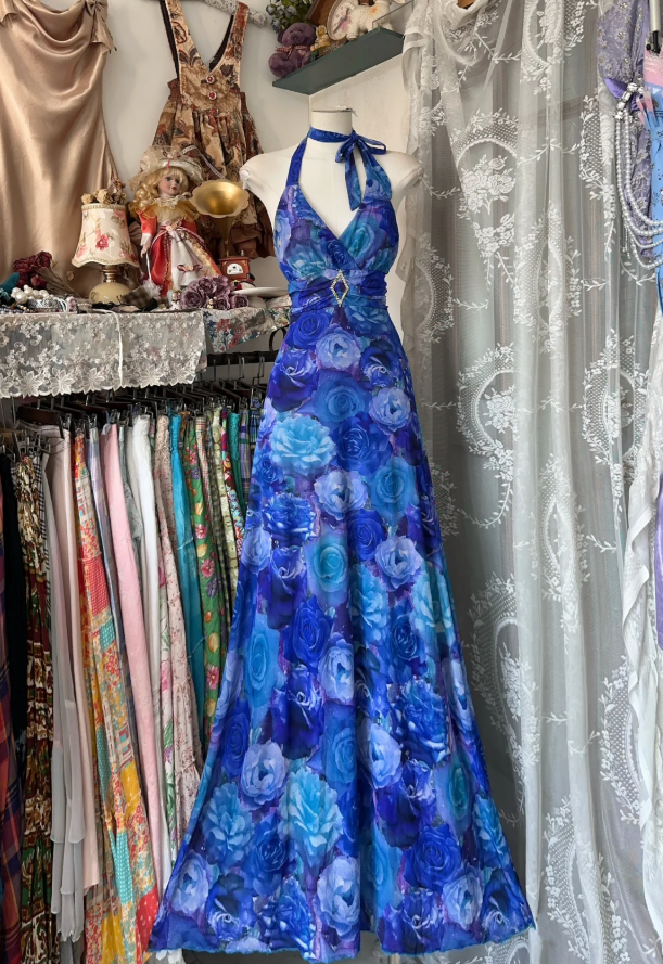 Unique Halter V Neck Blue Print Floral Mermaid Long Evening Dress Birthday Prom Gown D1618