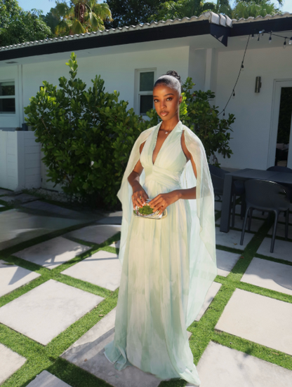Classy Halter V Neck Chiffon A Line Long Evening Dress Light Green Party Gown D4972