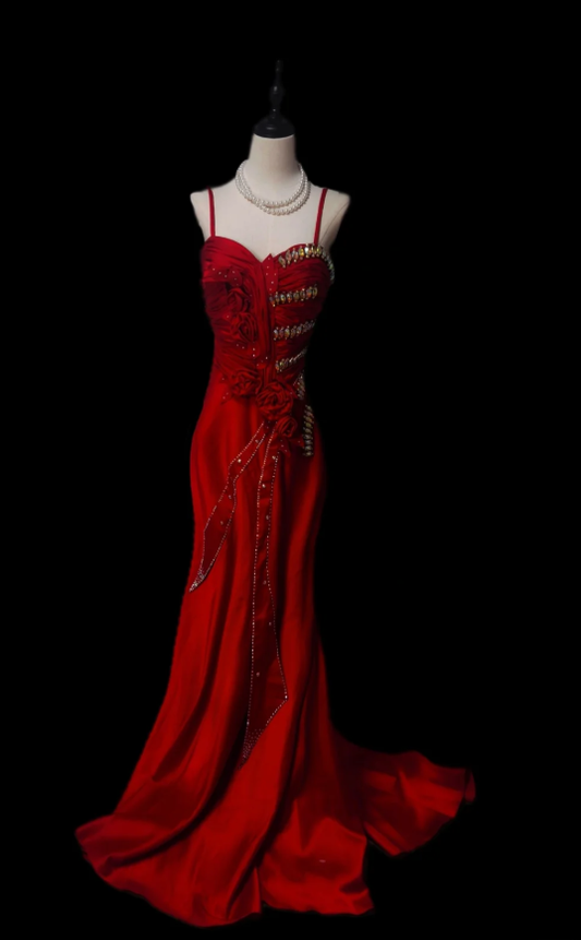 Charming Red Spaghetti Straps Satin Pleated Beaded Mermaid Evening Dress Long Prom Gown With 3D Flowers D1105
