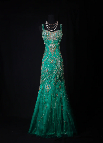 Vintage Spaghetti Straps Green Satin Tulle Beaded Party Dress Mermaid Long 21st Birthday Outfits D2240