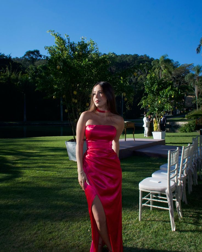 Classy Hot Pink Strapless Satin Slit Long Wedding Guest Dress Formal Birthday Party Dress D1736