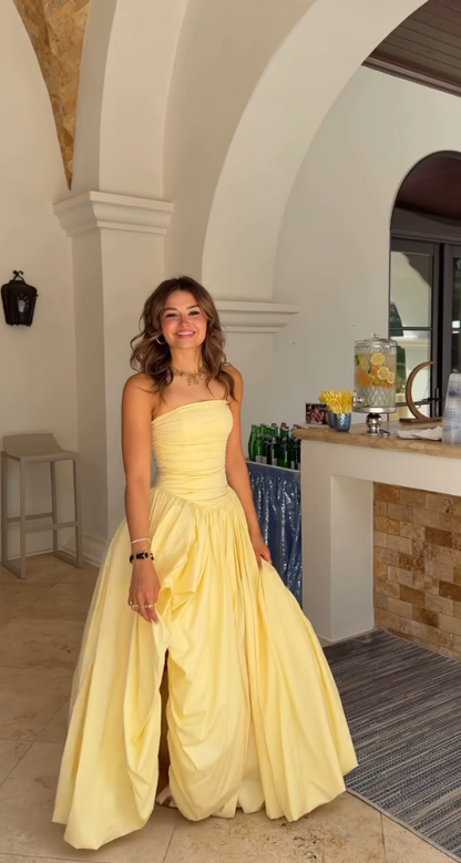 Elegant Yellow Satin Pleated Long Party Dress,Strapless Evening Gown D3449