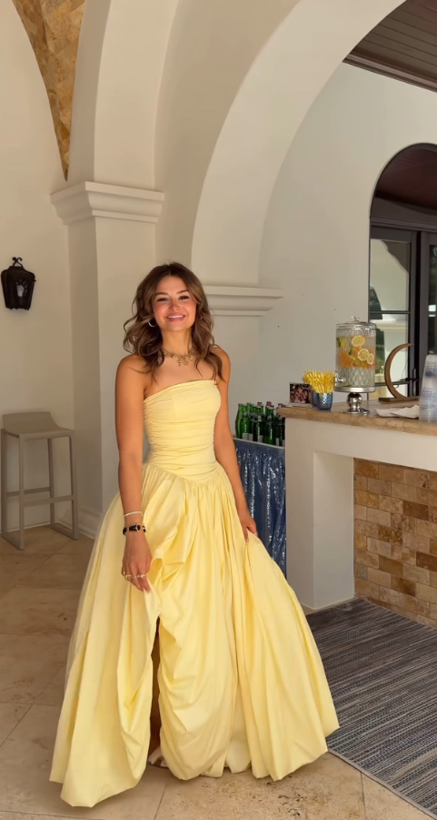 Elegant Yellow Satin Pleated Long Party Dress,Strapless Evening Gown D3449