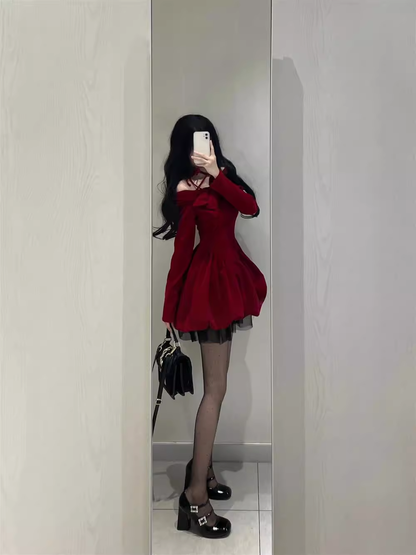 Cute Ball Gown Long Sleeves Velvet Red Short Cocktail Dresses Birthday Outfits SD572