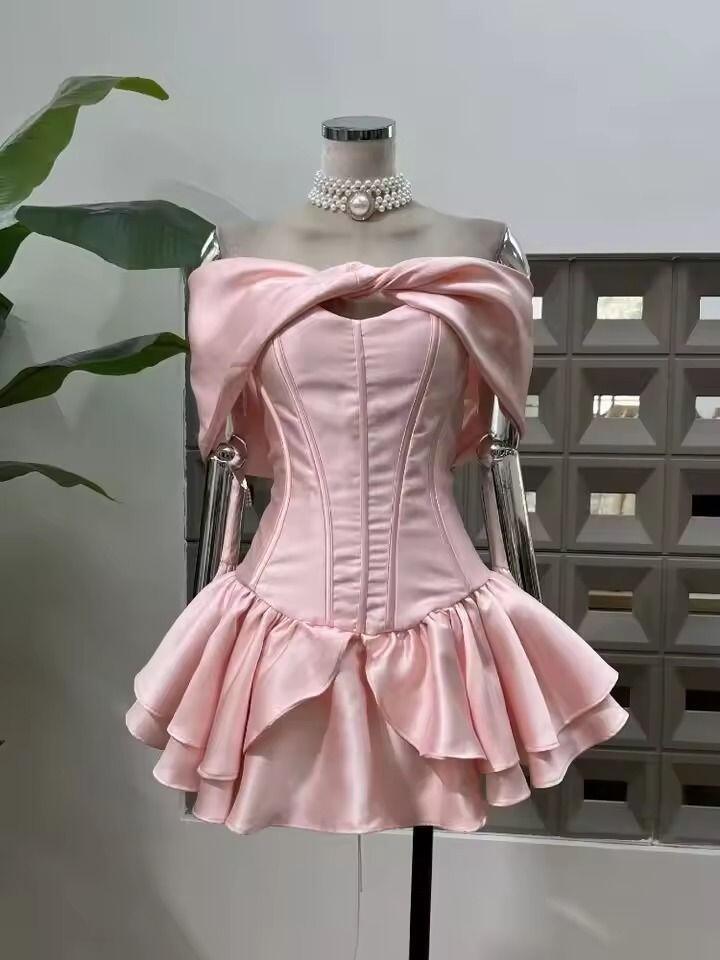 Sweet Pink Satin A Line Short 8th Grade Homecoming Dress,Off The Shoulder Mini Birthday Outfits D4236
