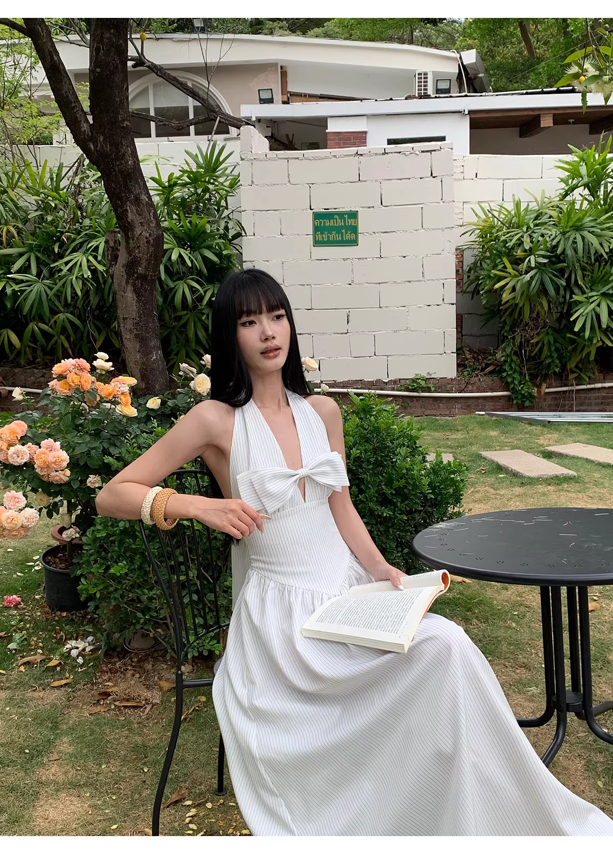 Cute Halter  A-Line Black White Striped Butterfly Bow V-Neck Long Evening Dress Birthday Party Gown D2083