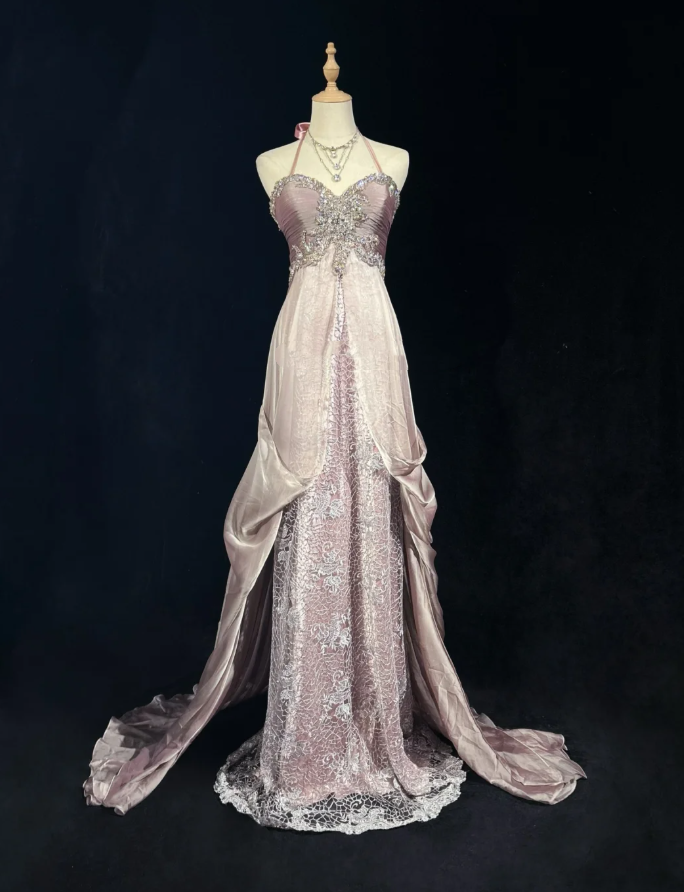 Glamorous Pink Halter Satin Lace Beaded Mermaid Evening Dress Long Birthday Prom Dress Party Gown D2069