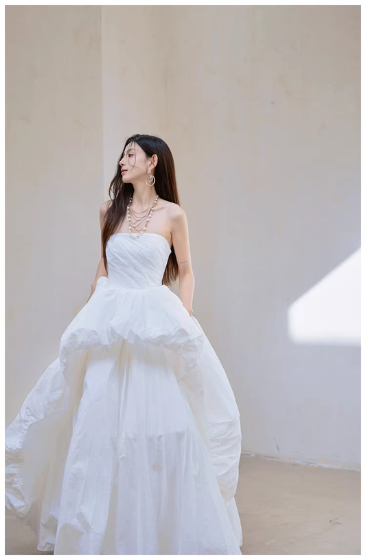 Charming Strapless White Satin Pleated Puff Birthday Party Dress Formal Prom Dresses D2413
