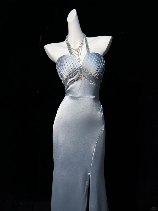 Glamorous Halter Satin Pleated Beaded Mermaid Slit Long Evening Dress Prom Dress D3124