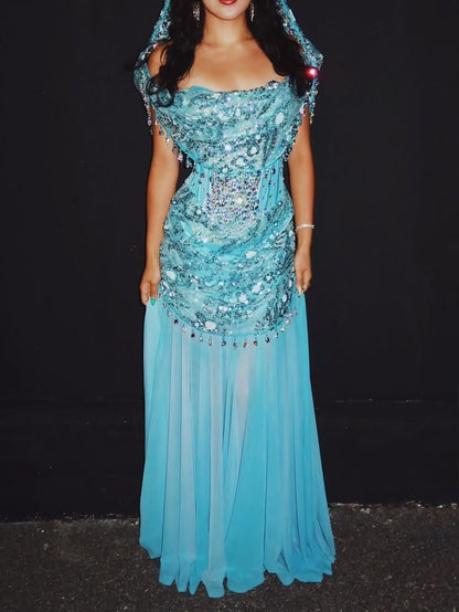 Unique Blue Chiffon Beaded Mermaid Long Party Dress Prom Dresses D4111
