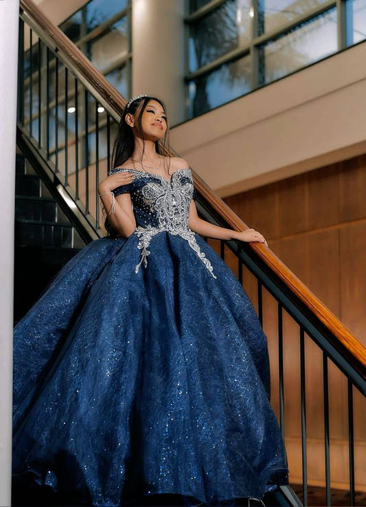 Glitter Off The Shoulder Peacock Blue Tulle Sequin Beaded Ball Gown Formal Birthday Quinceanera Dress D1912