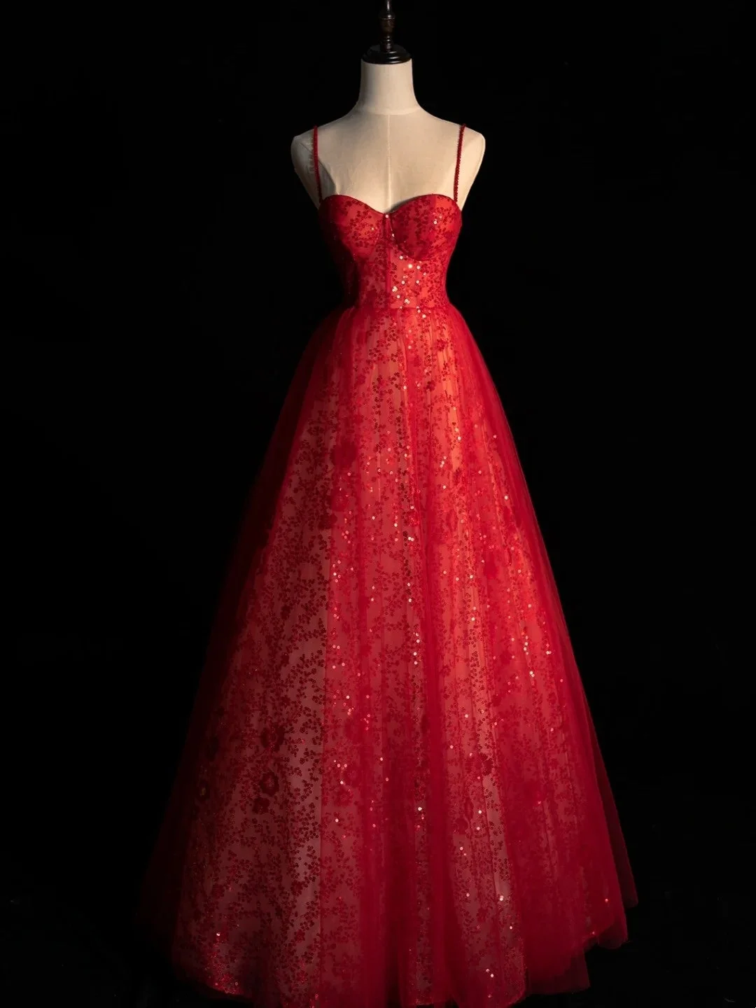 Shiny Spaghetti Strap Tulle Sequined Long Prom Party Dress Red Long Evening Dress D4527